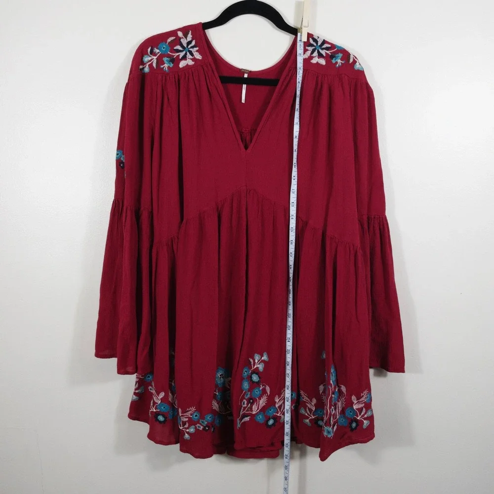 Free People Te Amo Red Embroidered Bell Sleeve Dress Women Size M Boho Hippie